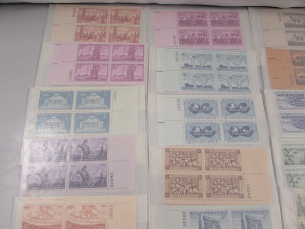 MOSTLY 3 CENT US POSTAGE STAMP BLOCKS IN GLASSINE ENVELOPES-UNUSED