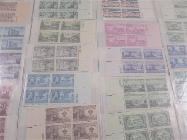 MOSTLY 3 CENT US POSTAGE STAMP BLOCKS IN GLASSINE ENVELOPES-UNUSED
