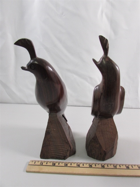 PAIR OF CARVED IRONWOOD QUAIL STATUES