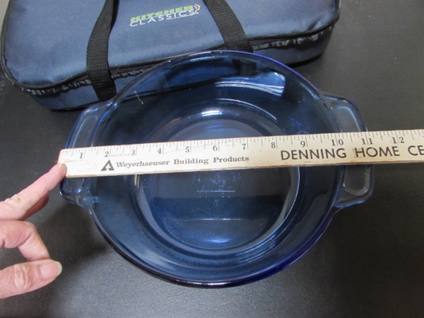 GLASS CASSEROLE W/TRAVEL CASE, PIE PLATE & ROUND CASSEROLE