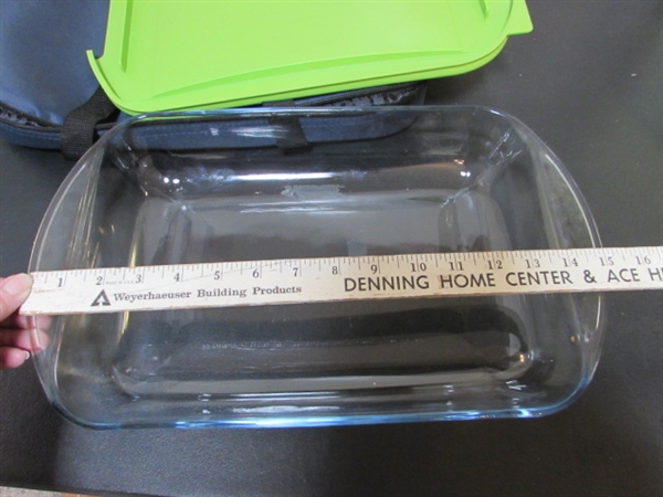 GLASS CASSEROLE W/TRAVEL CASE, PIE PLATE & ROUND CASSEROLE