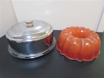 VINTAGE GLASS CAKE PLATE W/CHROME COVER & BUNDT PAN
