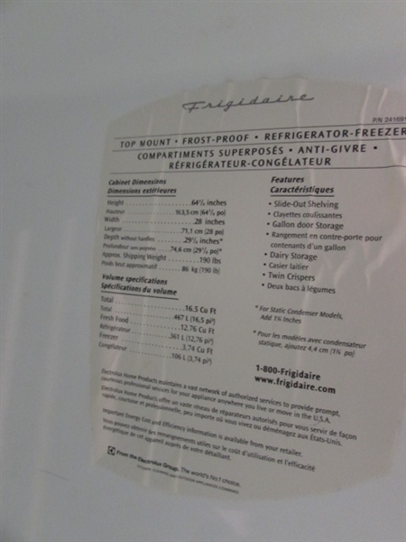 FRIGIDAIRE 16.5 CU FT REFRIGERATOR WITH FROST FREE FREEZER