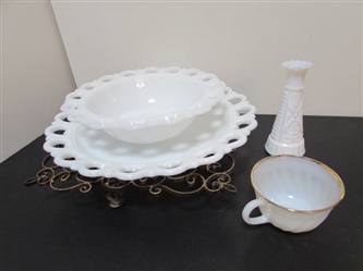MILK GLASS COLLECTION & METAL SCROLLED STAND
