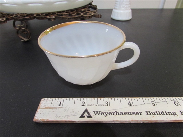 MILK GLASS COLLECTION & METAL SCROLLED STAND