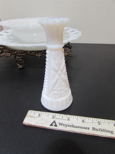 MILK GLASS COLLECTION & METAL SCROLLED STAND