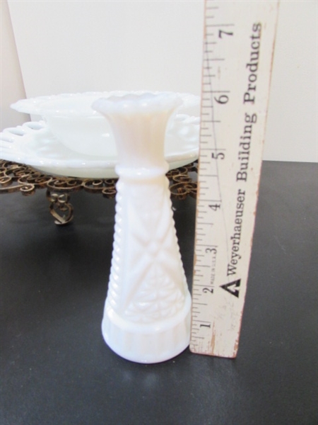 MILK GLASS COLLECTION & METAL SCROLLED STAND