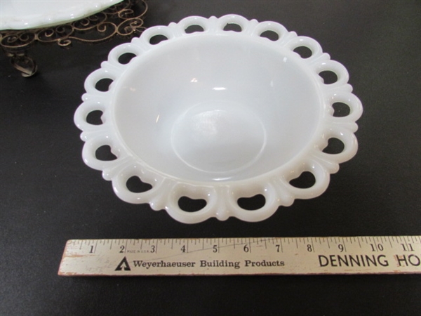 MILK GLASS COLLECTION & METAL SCROLLED STAND