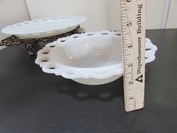 MILK GLASS COLLECTION & METAL SCROLLED STAND
