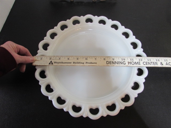 MILK GLASS COLLECTION & METAL SCROLLED STAND