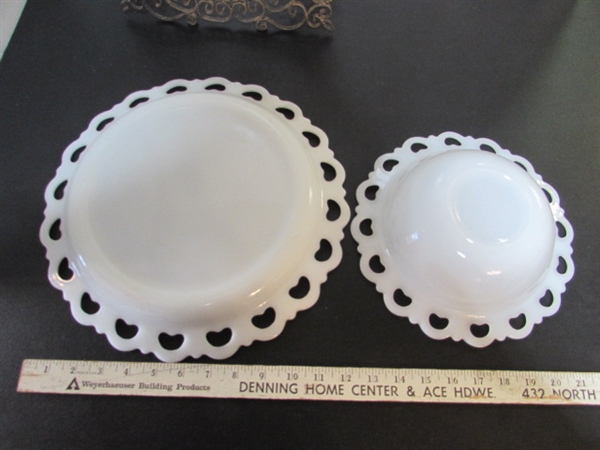 MILK GLASS COLLECTION & METAL SCROLLED STAND