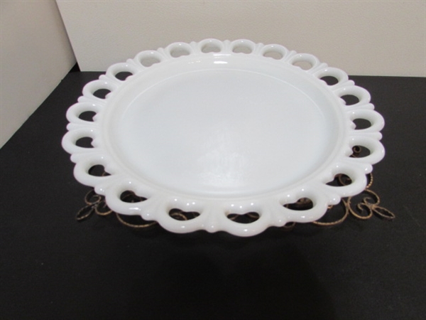 MILK GLASS COLLECTION & METAL SCROLLED STAND