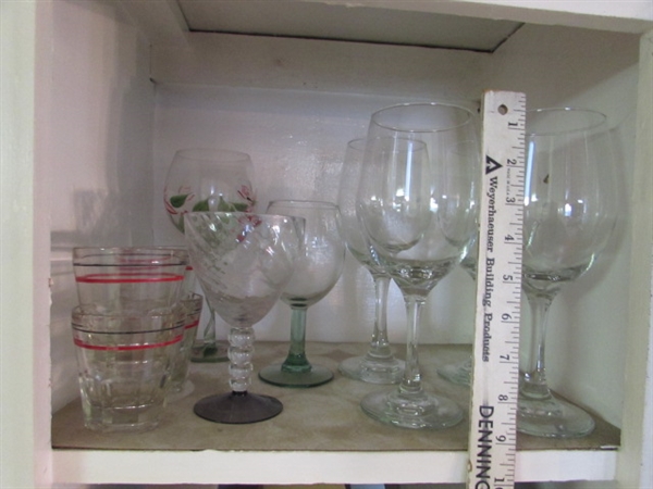 CONTENTS OF CUPBOARD - STEMWARE, DRINKING GLASSES, SOUP MUGS, ETC