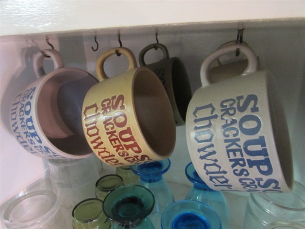 CONTENTS OF CUPBOARD - STEMWARE, DRINKING GLASSES, SOUP MUGS, ETC