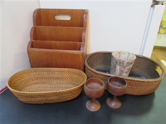 WOODEN MAGAZINE RACK, BASKETS, WOOD GLASSES & BARK PLANTER