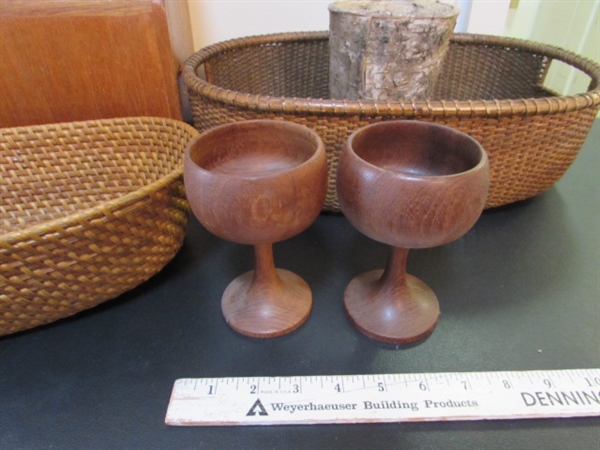 WOODEN MAGAZINE RACK, BASKETS, WOOD GLASSES & BARK PLANTER