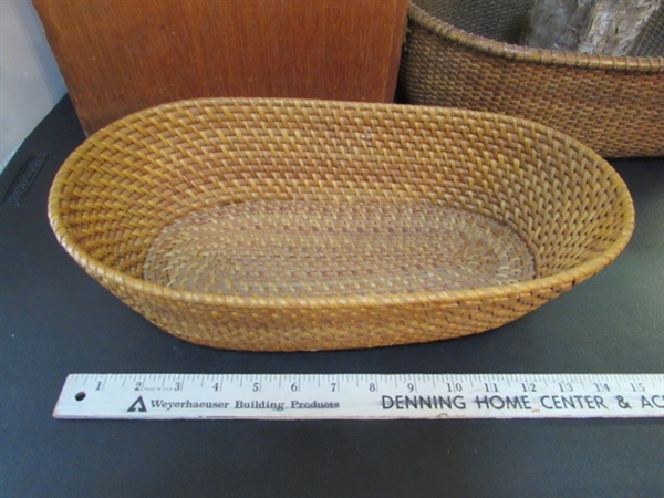 WOODEN MAGAZINE RACK, BASKETS, WOOD GLASSES & BARK PLANTER