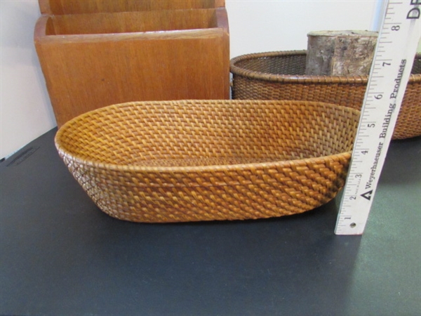 WOODEN MAGAZINE RACK, BASKETS, WOOD GLASSES & BARK PLANTER