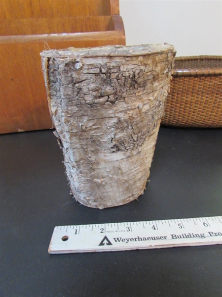 WOODEN MAGAZINE RACK, BASKETS, WOOD GLASSES & BARK PLANTER