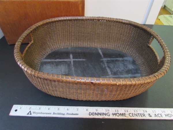 WOODEN MAGAZINE RACK, BASKETS, WOOD GLASSES & BARK PLANTER