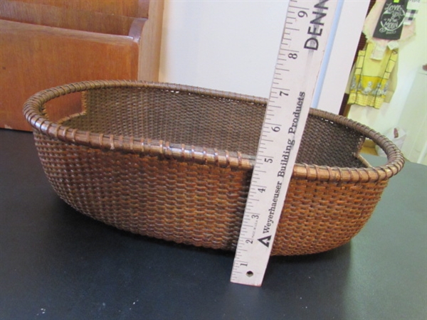 WOODEN MAGAZINE RACK, BASKETS, WOOD GLASSES & BARK PLANTER