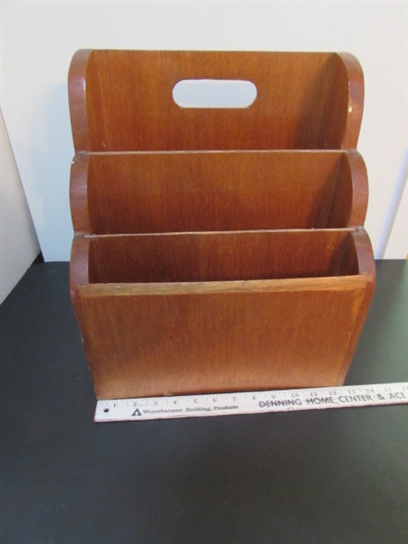 WOODEN MAGAZINE RACK, BASKETS, WOOD GLASSES & BARK PLANTER