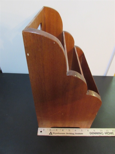 WOODEN MAGAZINE RACK, BASKETS, WOOD GLASSES & BARK PLANTER
