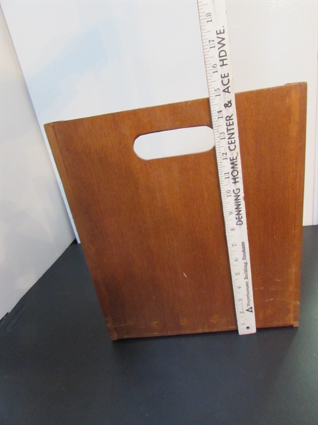 WOODEN MAGAZINE RACK, BASKETS, WOOD GLASSES & BARK PLANTER