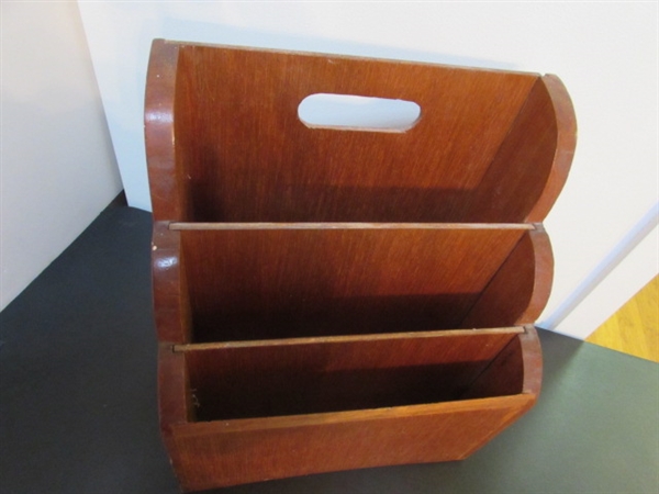 WOODEN MAGAZINE RACK, BASKETS, WOOD GLASSES & BARK PLANTER