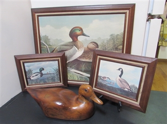 CARVED WOODEN DUCK & TRIO OF WOOD FRAMED PRINTS