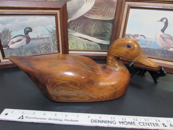 CARVED WOODEN DUCK & TRIO OF WOOD FRAMED PRINTS
