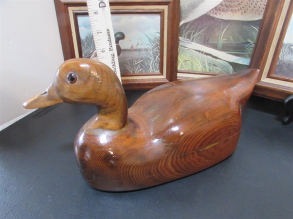 CARVED WOODEN DUCK & TRIO OF WOOD FRAMED PRINTS