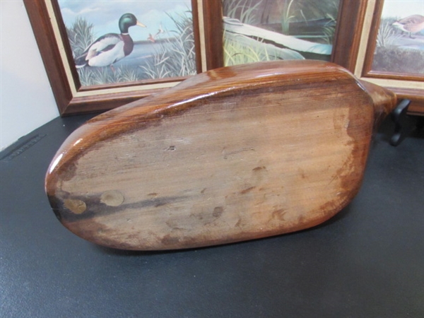 CARVED WOODEN DUCK & TRIO OF WOOD FRAMED PRINTS