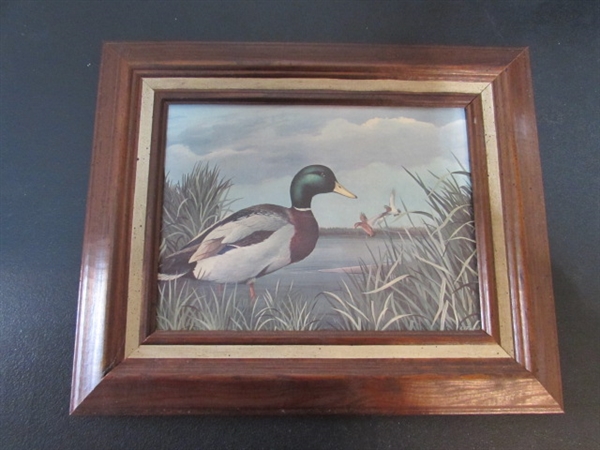 CARVED WOODEN DUCK & TRIO OF WOOD FRAMED PRINTS