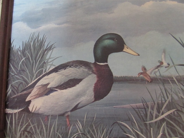 CARVED WOODEN DUCK & TRIO OF WOOD FRAMED PRINTS