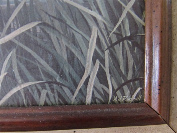 CARVED WOODEN DUCK & TRIO OF WOOD FRAMED PRINTS