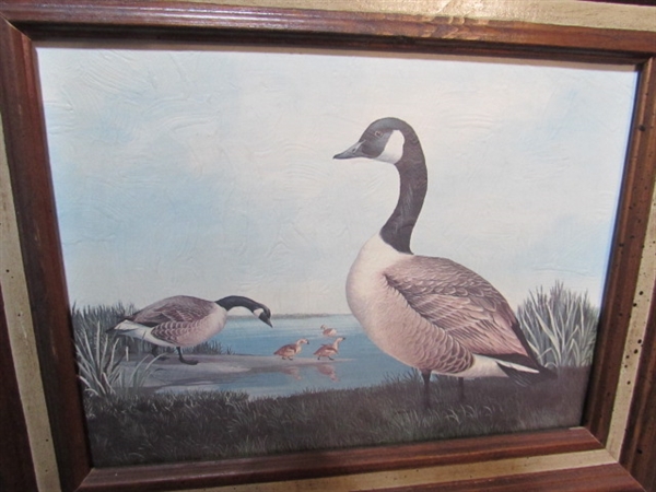 CARVED WOODEN DUCK & TRIO OF WOOD FRAMED PRINTS
