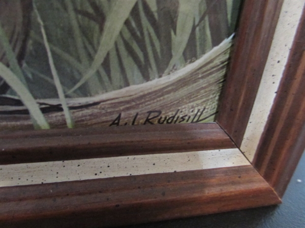 CARVED WOODEN DUCK & TRIO OF WOOD FRAMED PRINTS