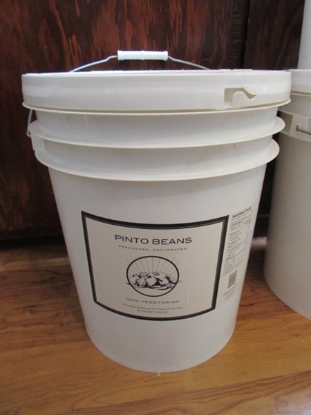 3 5-GALLON BUCKETS OF PINTO BEANS & 1 OF RICE