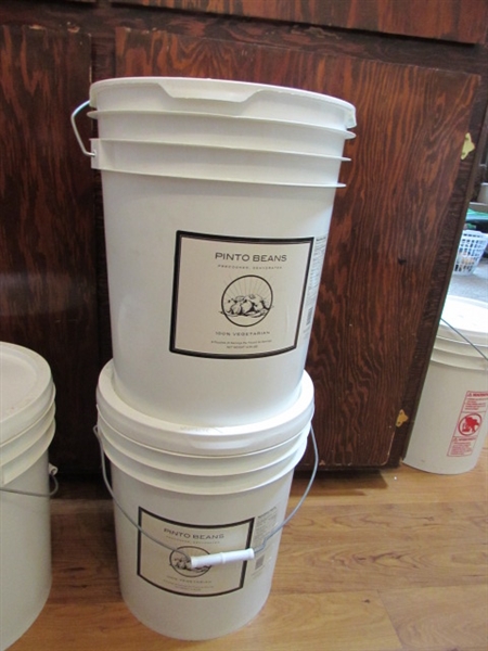 3 5-GALLON BUCKETS OF PINTO BEANS & 1 OF RICE