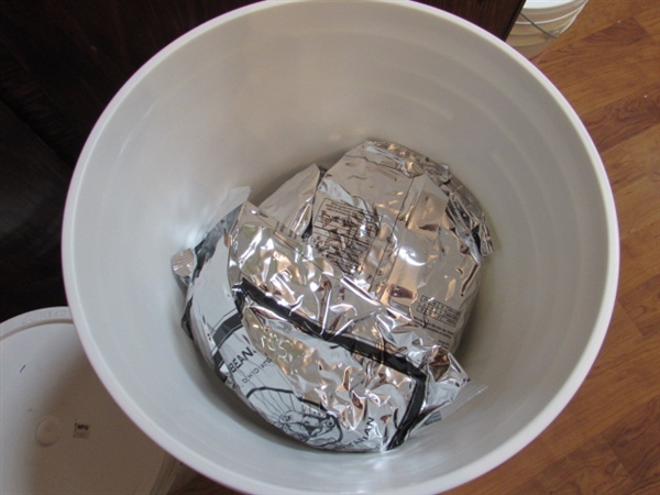 3 5-GALLON BUCKETS OF PINTO BEANS & 1 OF RICE