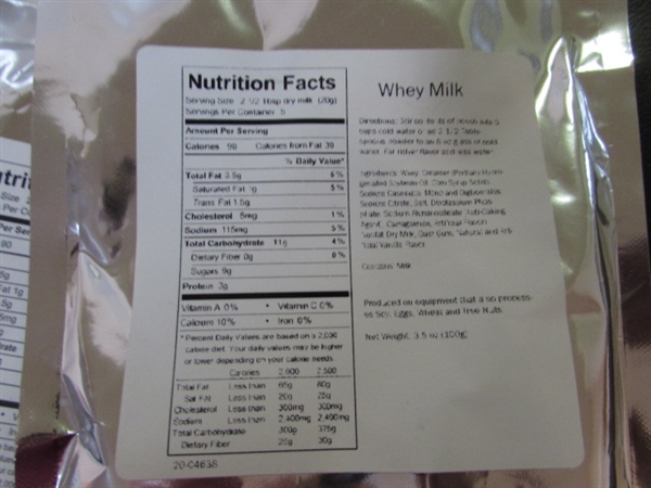 38 ASSORTED MRE'S - WHEY MILK, PANCAKES, COOKIES, BROWNIES & MORE