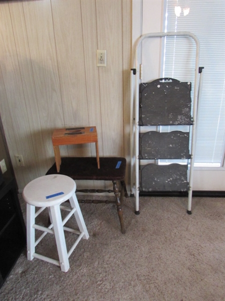 ASSORTED STOOLS & A STEP LADDER