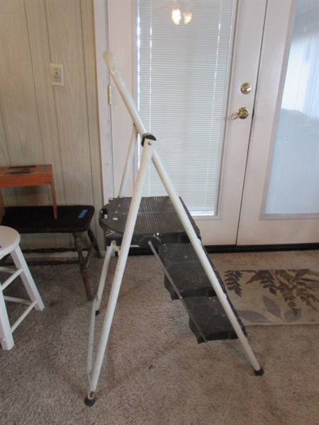 ASSORTED STOOLS & A STEP LADDER