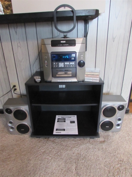 RCA STEREO SYSTEM W 5-DISC CD CHANGER WITH REMOTE, STAND & CASSETTES
