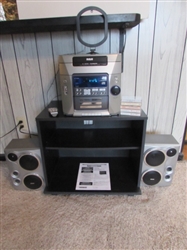 RCA STEREO SYSTEM W 5-DISC CD CHANGER WITH REMOTE, STAND & CASSETTES