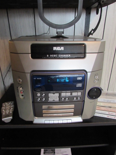 RCA STEREO SYSTEM W 5-DISC CD CHANGER WITH REMOTE, STAND & CASSETTES