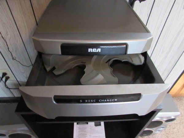 RCA STEREO SYSTEM W 5-DISC CD CHANGER WITH REMOTE, STAND & CASSETTES