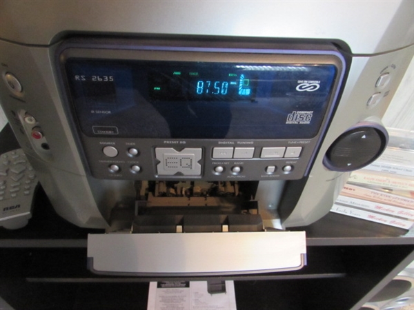RCA STEREO SYSTEM W 5-DISC CD CHANGER WITH REMOTE, STAND & CASSETTES