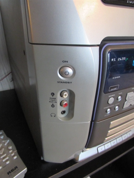 RCA STEREO SYSTEM W 5-DISC CD CHANGER WITH REMOTE, STAND & CASSETTES